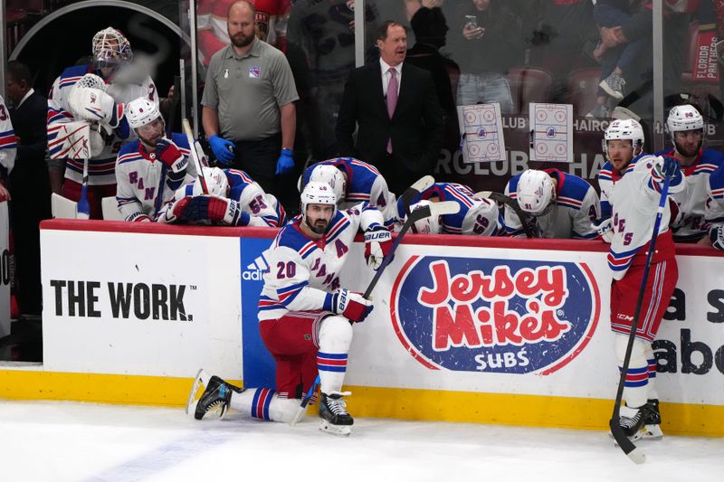 Jun 1, 2024; Sunrise, Florida, USA; New York Rangers look on following their loss against the Florida Panthers in a close-out game six of the Eastern Conference Final of the 2024 Stanley Cup Playoffs at Amerant Bank Arena. Mandatory Credit: Jim Rassol-USA TODAY Sports