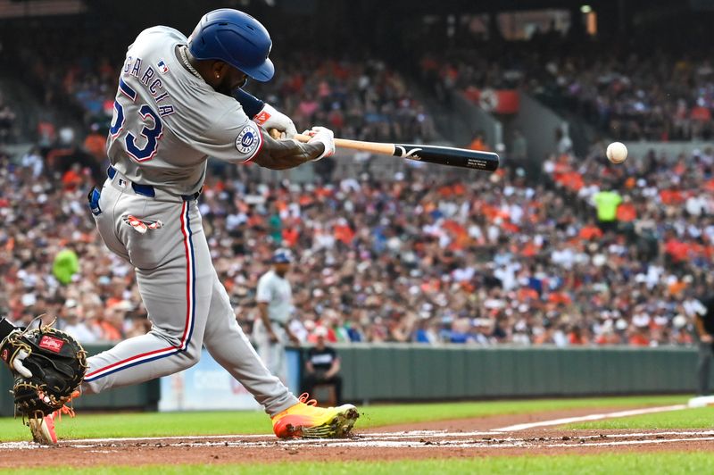 Jun 29, 2024; Baltimore, Maryland, USA;  Texas Rangers outfielder Adolis García (53) swings through a first inning double against the Baltimore Orioles at Oriole Park at Camden Yards. Mandatory Credit: Tommy Gilligan-USA TODAY Sports