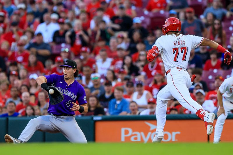 Jul 8, 2024; Cincinnati, Ohio, USA; Colorado Rockies first baseman Michael Toglia (4) tags Cincinnati Reds outfielder Rece Hinds (77) out at first in the third inning at Great American Ball Park. Mandatory Credit: Katie Stratman-USA TODAY Sports