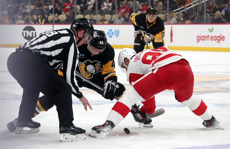 Nov 13, 2024; Pittsburgh, Pennsylvania, USA;  Pittsburgh Penguins center Blake Lizotte (46) and Detroit Red Wings center Joe Veleno (90) face-off during the first period at PPG Paints Arena. Mandatory Credit: Charles LeClaire-Imagn Images