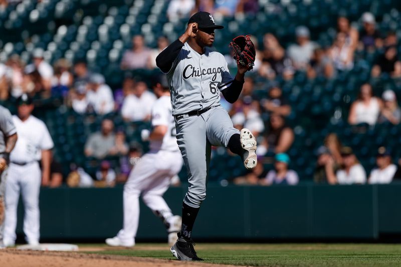 Aug 20, 2023; Denver, Colorado, USA; Chicago White Sox relief pitcher Gregory Santos (60) reacts after the game against the Colorado Rockies at Coors Field. Mandatory Credit: Isaiah J. Downing-USA TODAY Sports