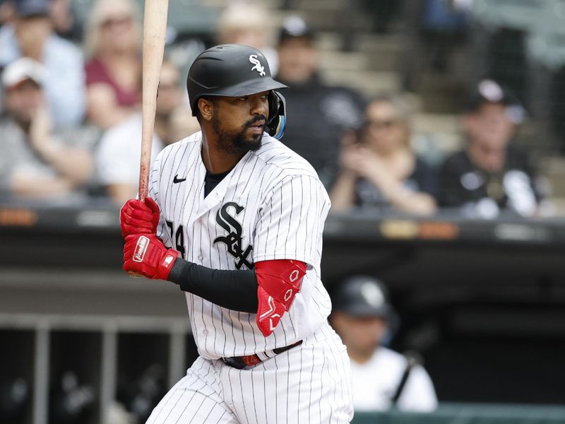 Sep 27, 2023; Chicago, Illinois, USA; Chicago White Sox designated hitter Eloy Jimenez (74) bats against the Arizona Diamondbacks during the second inning at Guaranteed Rate Field. Mandatory Credit: Kamil Krzaczynski-USA TODAY Sports