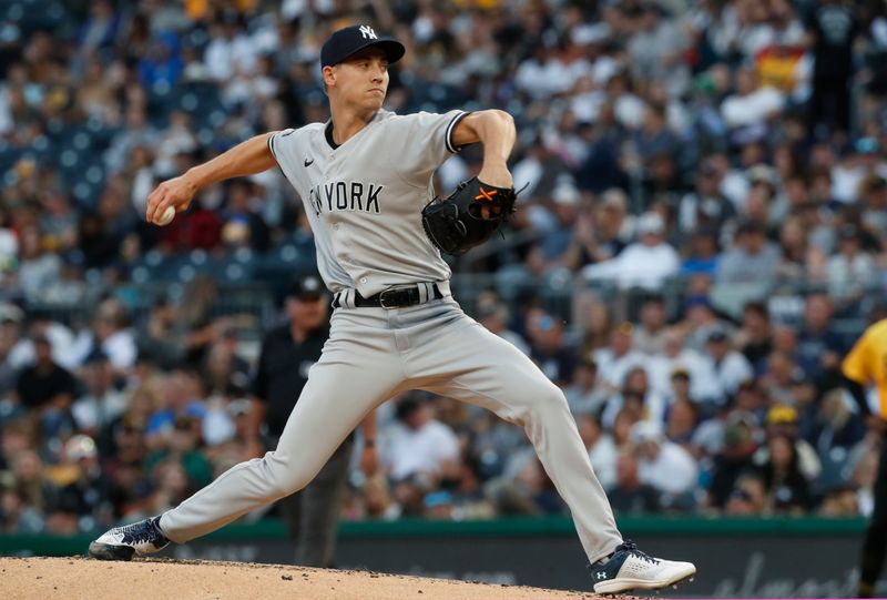 Sep 16, 2023; Pittsburgh, Pennsylvania, USA; New York Yankees starting pitcher Luke Weaver (30) delivers a pitch pitch against the Pittsburgh Pirates during the first inning at PNC Park. Mandatory Credit: Charles LeClaire-USA TODAY Sports