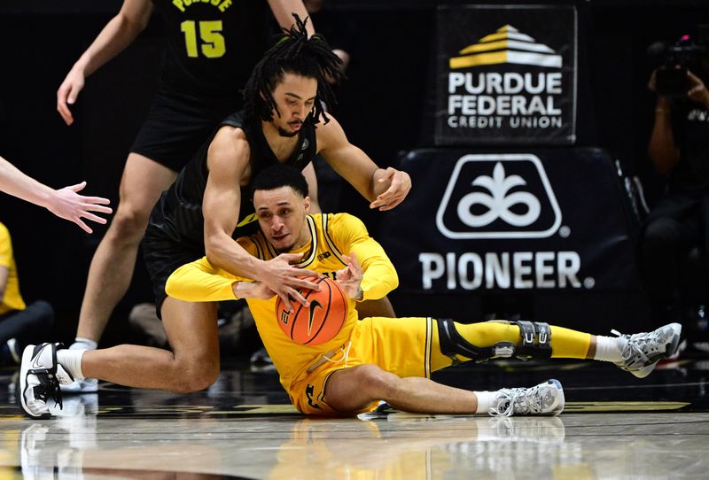 Jan 23, 2024; West Lafayette, Indiana, USA; Purdue Boilermakers forward Trey Kaufman-Renn (4) gets his hand on a loose ball in front of Michigan Wolverines guard Jaelin Llewellyn (3) during the second half at Mackey Arena. Mandatory Credit: Marc Lebryk-USA TODAY Sports