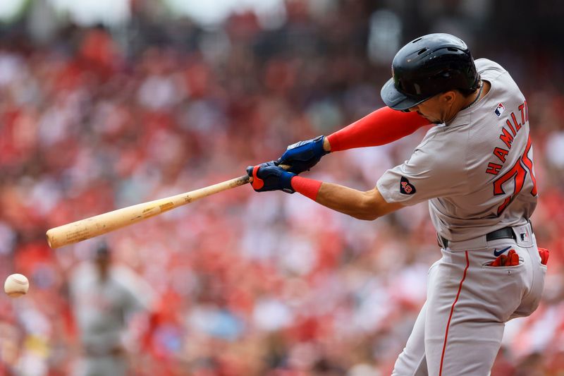 Jun 23, 2024; Cincinnati, Ohio, USA; Boston Red Sox second baseman David Hamilton (70) hits a double against the Cincinnati Reds in the sixth inning at Great American Ball Park. Mandatory Credit: Katie Stratman-USA TODAY Sports