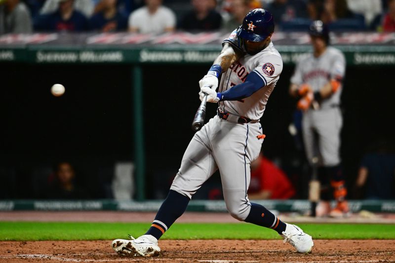 Sep 28, 2024; Cleveland, Ohio, USA; Houston Astros left fielder Jason Hayward (22) hits a double during the fifth inning against the Cleveland Guardians at Progressive Field. Mandatory Credit: Ken Blaze-Imagn Images