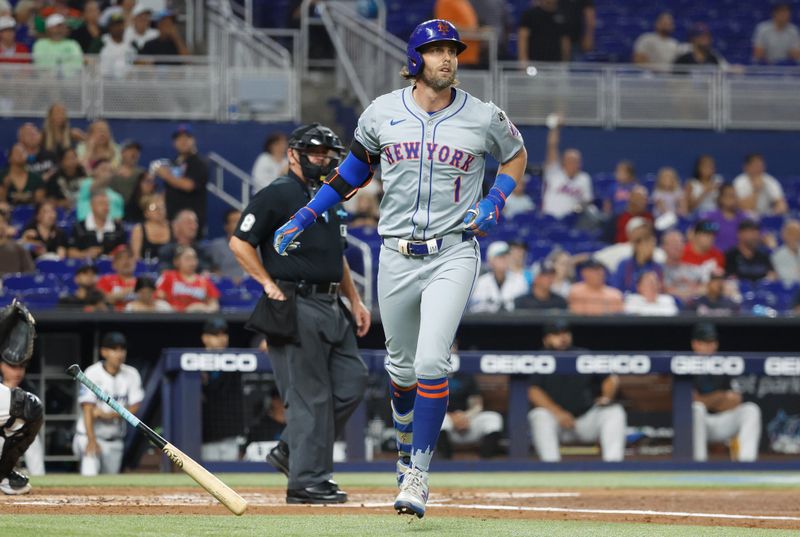 Jul 22, 2024; Miami, Florida, USA;  New York Mets second baseman Jeff McNeil (1) watches his home run against  the Miami Marlins in the second inning at loanDepot Park. Mandatory Credit: Rhona Wise-USA TODAY Sports