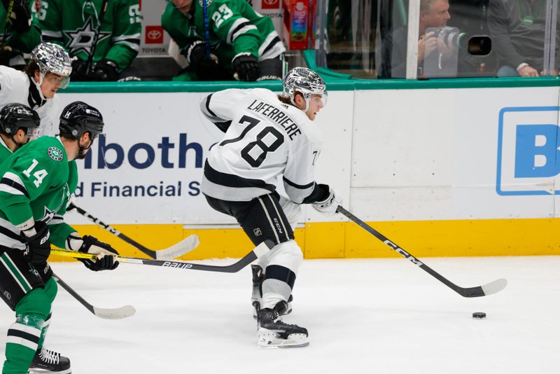 Mar 16, 2024; Dallas, Texas, USA; Los Angeles Kings right wing Alex Laferriere (78) skates past Dallas Stars players during the first period at American Airlines Center. Mandatory Credit: Andrew Dieb-USA TODAY Sports