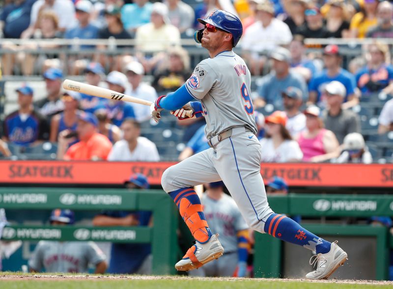 Jul 7, 2024; Pittsburgh, Pennsylvania, USA;  New York Mets left tfielder Brandon Nimmo (9) hits an RBI double against the Pittsburgh Pirates during the eighth inning at PNC Park. The Mets won 3-2. Mandatory Credit: Charles LeClaire-USA TODAY Sports