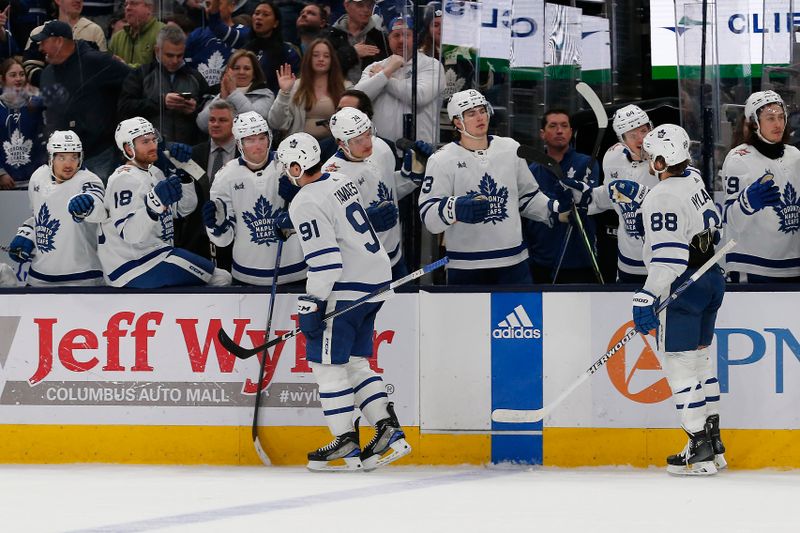 Dec 29, 2023; Columbus, Ohio, USA; Toronto Maple Leafs center John Tavares (91) celebrates his goal against the Columbus Blue Jackets during the second period at Nationwide Arena. Mandatory Credit: Russell LaBounty-USA TODAY Sports