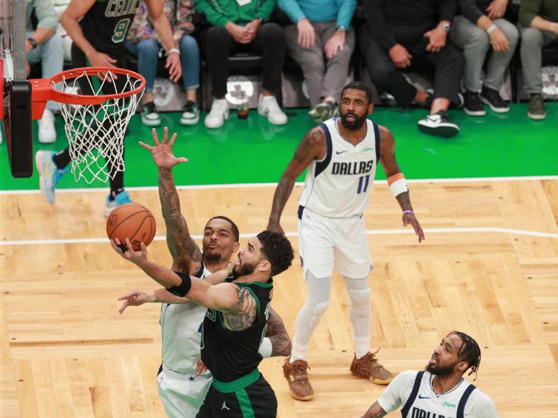 BOSTON, MA - JUNE 9: Jayson Tatum #0 of the Boston Celtics goes to the basket during the game against the Dallas Mavericks during Game 2 of the 2024 NBA Finals on June 9, 2024 at the TD Garden in Boston, Massachusetts. NOTE TO USER: User expressly acknowledges and agrees that, by downloading and or using this photograph, User is consenting to the terms and conditions of the Getty Images License Agreement. Mandatory Copyright Notice: Copyright 2024 NBAE  (Photo by Chris Marion/NBAE via Getty Images)