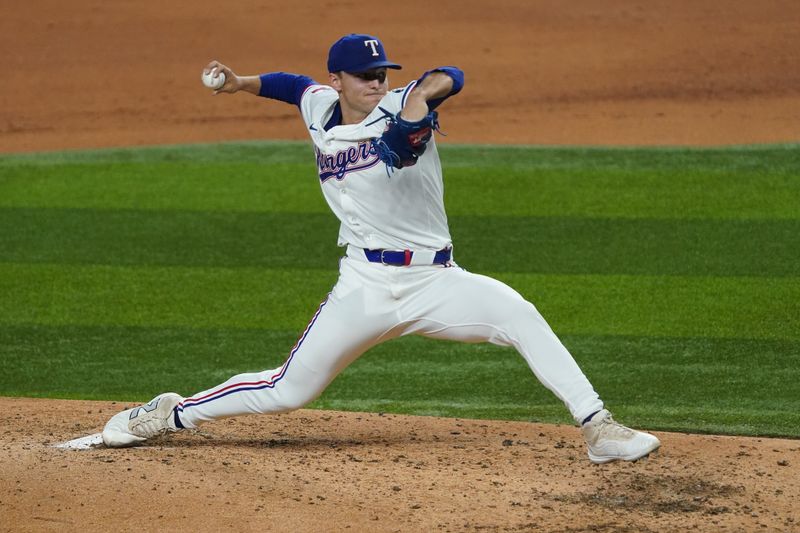 May 13, 2025; Arlington, Texas, USA; Texas Rangers pitcher Jack Leiter (35) throws to the plate during the fifth inning against the Colorado Rockies at Globe Life Field. Mandatory Credit: Raymond Carlin III-Imagn Images
