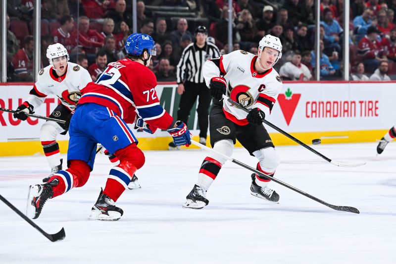Dec 2, 2025; Montreal, Quebec, CAN; Ottawa Senators left wing Brady Tkachuk (7) passes the puck against Montreal Canadiens defenseman Arber Xhekaj (72) during the first period at Bell Centre. Mandatory Credit: David Kirouac-Imagn Images