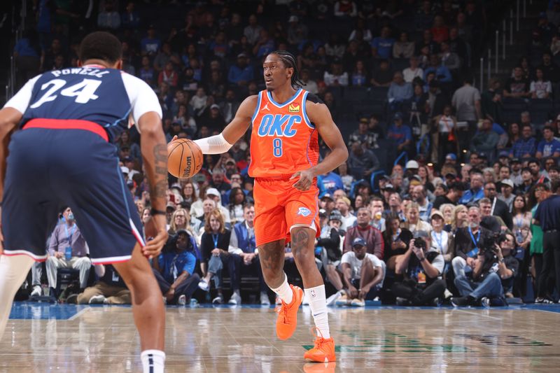 OKLAHOMA CITY, OK - NOVEMBER 11: Jalen Williams #8 of the Oklahoma City Thunder dribbles the ball during the game against the LA Clippers on November 11, 2024 at Paycom Center in Oklahoma City, Oklahoma. NOTE TO USER: User expressly acknowledges and agrees that, by downloading and or using this photograph, User is consenting to the terms and conditions of the Getty Images License Agreement. Mandatory Copyright Notice: Copyright 2024 NBAE (Photo by Nathaniel S. Butler/NBAE via Getty Images)