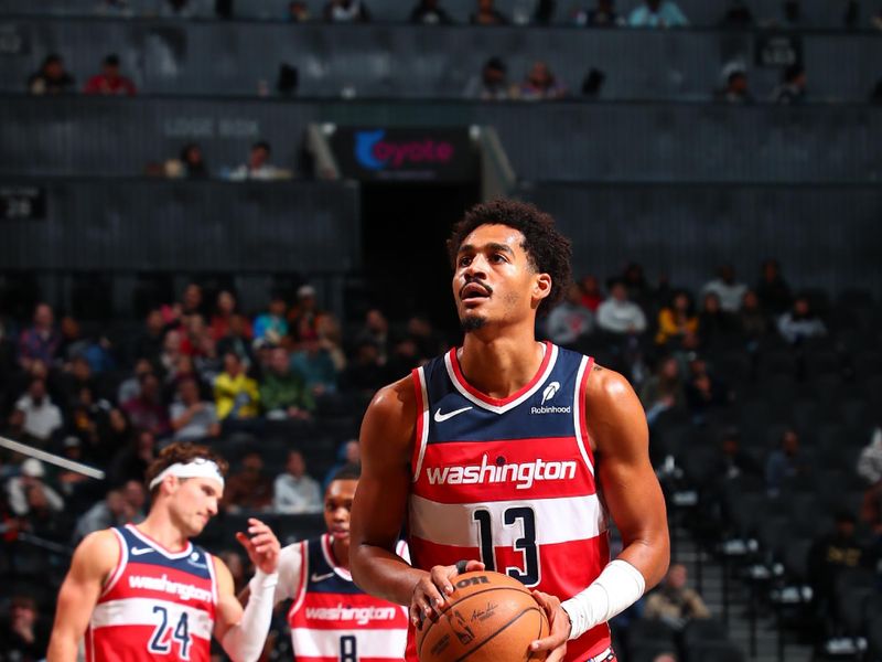 BROOKLYN, NY - OCTOBER 14: Jordan Poole #13 of the Washington Wizards shoots a free throw during the game against the Brooklyn Nets during a NBA preseason game on October 14, 2024 at Barclays Center in Brooklyn, New York. NOTE TO USER: User expressly acknowledges and agrees that, by downloading and or using this Photograph, user is consenting to the terms and conditions of the Getty Images License Agreement. Mandatory Copyright Notice: Copyright 2024 NBAE (Photo by David L. Nemec/NBAE via Getty Images)