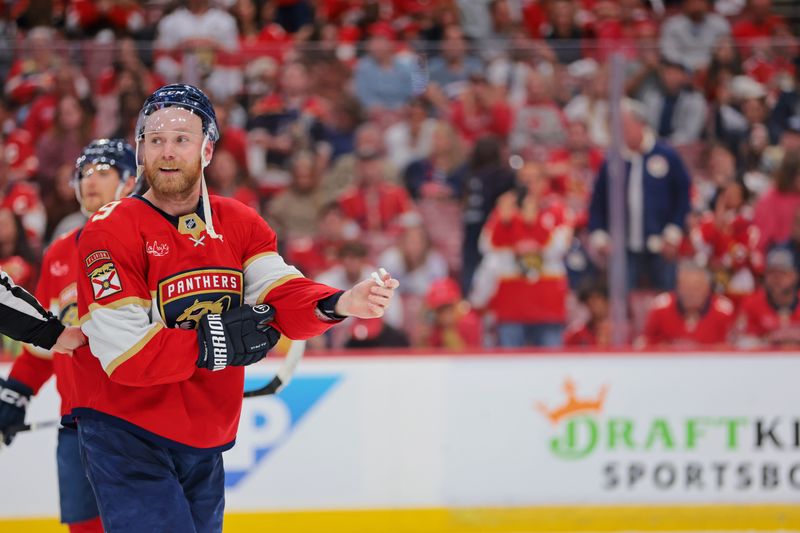 May 24, 2025; Sunrise, Florida, USA; Florida Panthers center Sam Bennett (9) reacts after a fight during the third period in game three of the Eastern Conference Final of the 2025 Stanley Cup Playoffs at Amerant Bank Arena. Mandatory Credit: Sam Navarro-Imagn Images