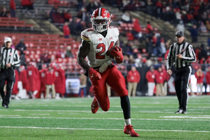 Nov 25, 2023; Piscataway, New Jersey, USA; Maryland Terrapins running back Roman Hemby (24) carries the ball during the second half against the Rutgers Scarlet Knights at SHI Stadium. Mandatory Credit: Vincent Carchietta-USA TODAY Sports