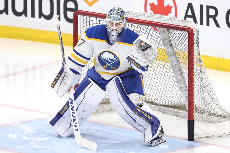 Mar 23, 2025; Winnipeg, Manitoba, CAN; Buffalo Sabres goaltender James Reimer (47) warms up before a game against the Winnipeg Jets at Canada Life Centre. Mandatory Credit: James Carey Lauder-Imagn Images