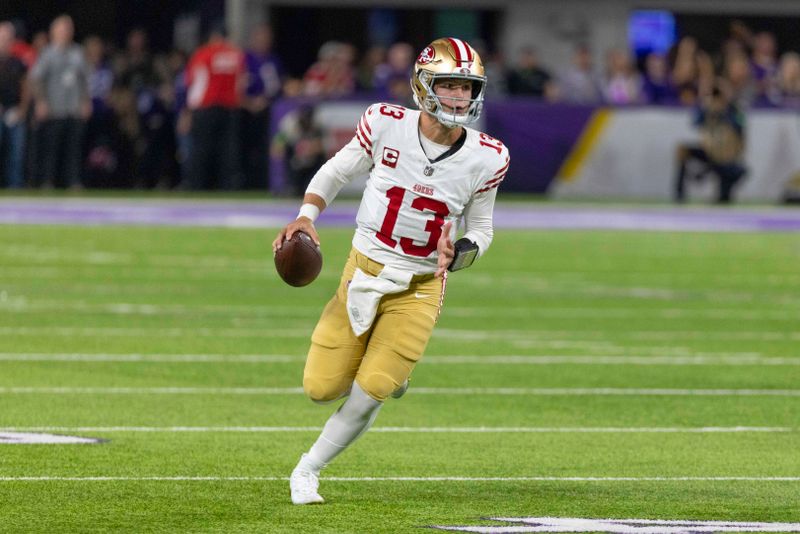 San Francisco 49ers quarterback Brock Purdy plays during an NFL football game against the Minnesota Vikings, Monday, Oct. 23, 2023, in Minneapolis. (AP Photo/Andy Clayton-King)