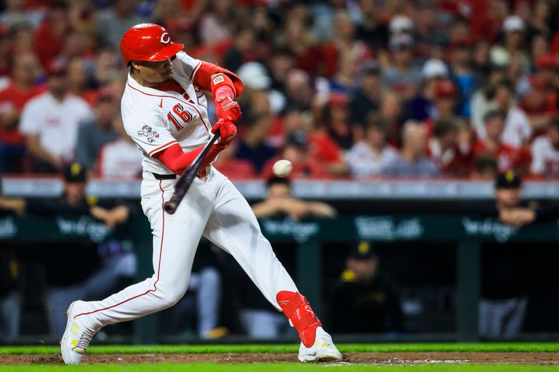 Sep 24, 2025; Cincinnati, Ohio, USA; Cincinnati Reds outfielder Noelvi Marte (16) hits an inside-the-park home run in the eighth inning against the Pittsburgh Pirates at Great American Ball Park. Mandatory Credit: Katie Stratman-Imagn Images