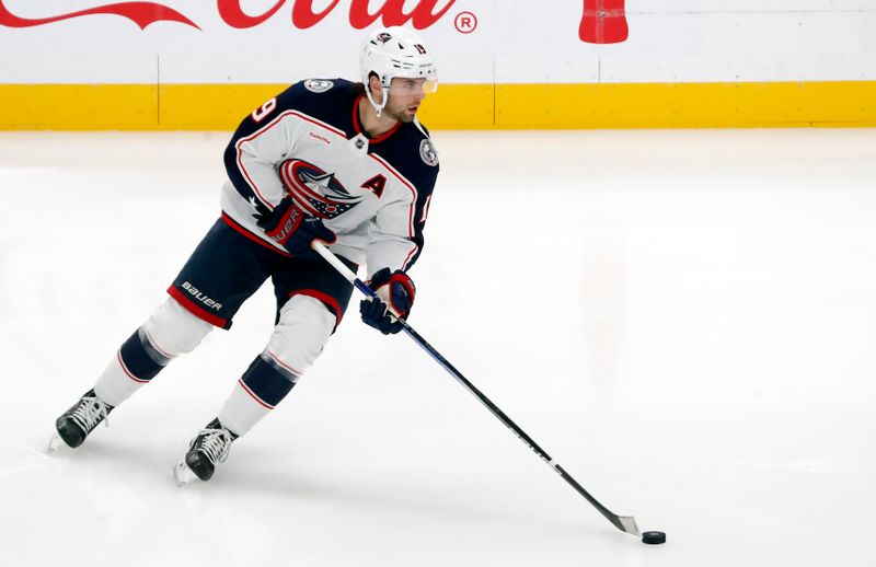 Oct 4, 2024; Pittsburgh, Pennsylvania, USA;  Columbus Blue Jackets center Adam Fantilli (19) warms up before playing the Pittsburgh Penguins at PPG Paints Arena. Mandatory Credit: Charles LeClaire-Imagn Images