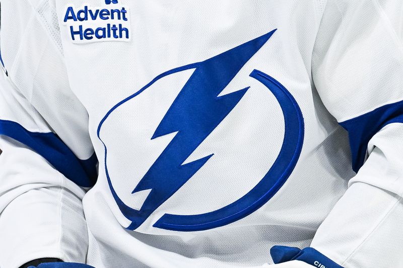 Jan 21, 2025; Montreal, Quebec, CAN; View of a Tampa Bay Lightning logo on a jersey worn by a member of the team during the first period at Bell Centre. Mandatory Credit: David Kirouac-Imagn Images