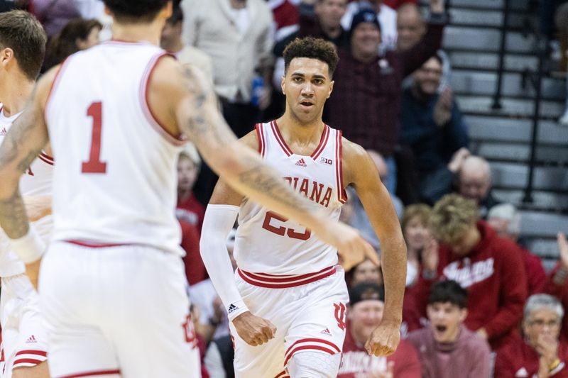 Jan 14, 2023; Bloomington, Indiana, USA; Indiana Hoosiers forward Trayce Jackson-Davis (23) celebrates a made basket in the second half against the Wisconsin Badgers at Simon Skjodt Assembly Hall. Mandatory Credit: Trevor Ruszkowski-USA TODAY Sports