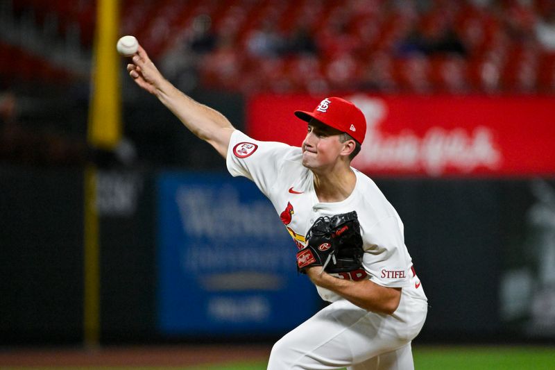 Sep 18, 2024; St. Louis, Missouri, USA;  St. Louis Cardinals relief pitcher Michael McGreevy (36) pitches against the Pittsburgh Pirates during the ninth inning at Busch Stadium. Mandatory Credit: Jeff Curry-Imagn Images