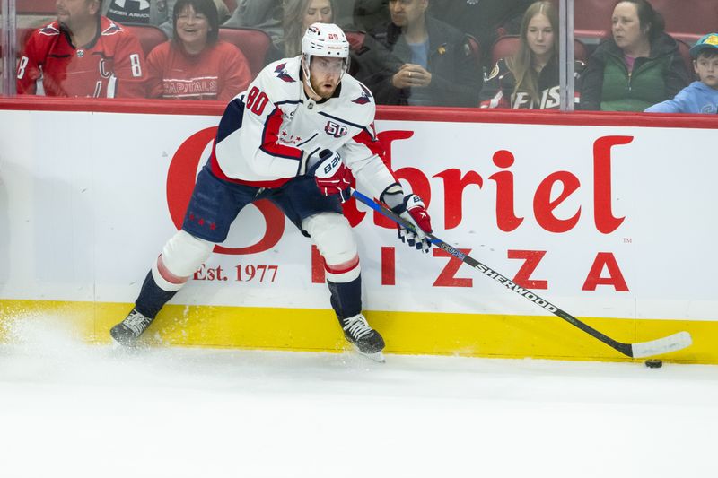 Jan 16, 2025; Ottawa, Ontario, CAN; Washington Capitals left wing Pierre-Luc Dubois (80) skates with the puck in the third period against the Ottawa Senators at the Canadian Tire Centre. Mandatory Credit: Marc DesRosiers-Imagn Images