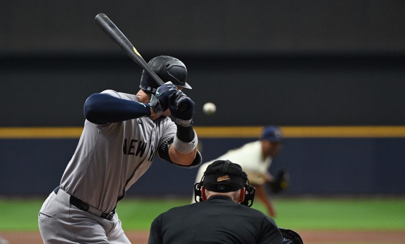 Apr 27, 2024; Milwaukee, Wisconsin, USA; New York Yankees outfielder Aaron Judge (99) put to bat against Milwaukee Brewers pitcher Joe Ross (41) in the first inning at American Family Field. Mandatory Credit: Michael McLoone-USA TODAY Sports