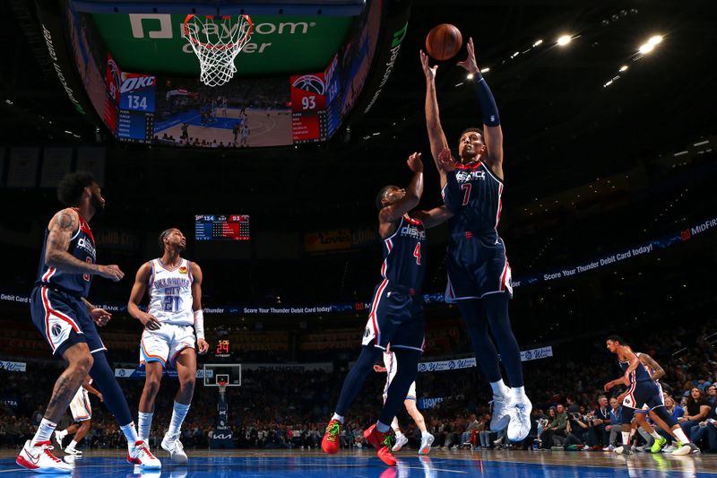 OKLAHOMA CITY, OK - FEBRUARY 23: Patrick Baldwin #7 of the Washington Wizards rebounds during the game against the Oklahoma City Thunder on February 23, 2024 at Paycom Arena in Oklahoma City, Oklahoma. NOTE TO USER: User expressly acknowledges and agrees that, by downloading and or using this photograph, User is consenting to the terms and conditions of the Getty Images License Agreement. Mandatory Copyright Notice: Copyright 2024 NBAE (Photo by Zach Beeker/NBAE via Getty Images)