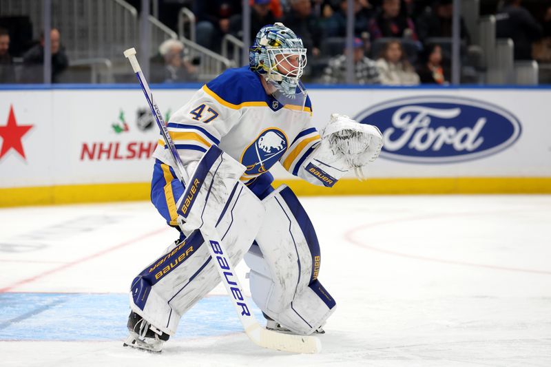 Nov 30, 2024; Elmont, New York, USA; Buffalo Sabres goaltender James Reimer (47) tends net against the New York Islanders during the second period at UBS Arena. Mandatory Credit: Brad Penner-Imagn Images