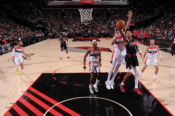 PORTLAND, OR - DECEMBER 21: Anfernee Simons #1 of the Portland Trail Blazers shoots the ball during the game against the Washington Wizards on December 21, 2023 at the Moda Center Arena in Portland, Oregon. NOTE TO USER: User expressly acknowledges and agrees that, by downloading and or using this photograph, user is consenting to the terms and conditions of the Getty Images License Agreement. Mandatory Copyright Notice: Copyright 2023 NBAE (Photo by Cameron Browne/NBAE via Getty Images)
