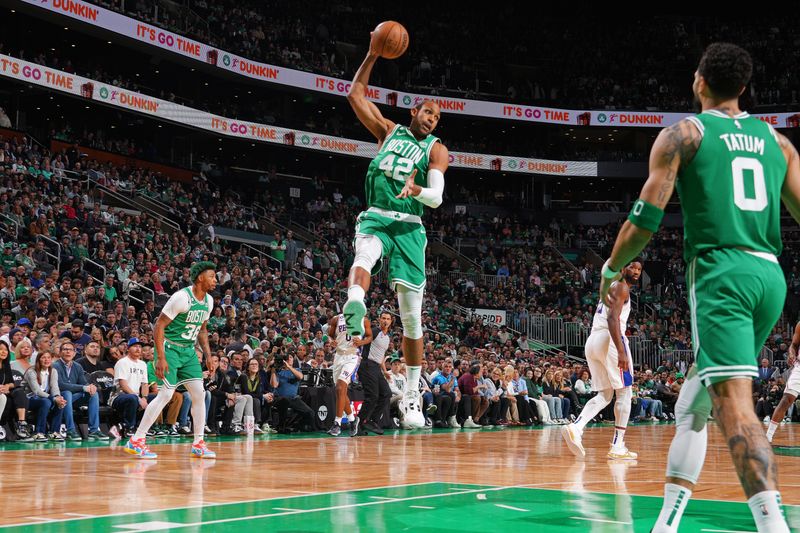 BOSTON, MA - MAY 3: Al Horford #42 of the Boston Celtics grabs the rebound during the game during Round 2 Game 2 of the Eastern Conference Semi-Finals 2023 NBA Playoffs on May 3, 2023 at the TD Garden in Boston, Massachusetts. NOTE TO USER: User expressly acknowledges and agrees that, by downloading and or using this photograph, User is consenting to the terms and conditions of the Getty Images License Agreement. Mandatory Copyright Notice: Copyright 2023 NBAE  (Photo by Jesse D. Garrabrant/NBAE via Getty Images)