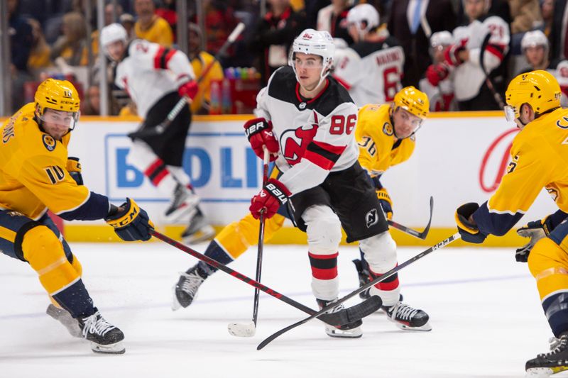 Feb 13, 2024; Nashville, Tennessee, USA;  New Jersey Devils center Jack Hughes (86) splits Nashville Predators center Colton Sissons (10) and defenseman Alexandre Carrier (45) during the second period at Bridgestone Arena. Mandatory Credit: Steve Roberts-USA TODAY Sports