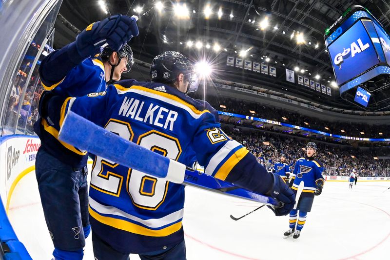 Mar 19, 2024; St. Louis, Missouri, USA;  St. Louis Blues right wing Alexey Toropchenko (13) celebrates with left wing Nathan Walker (26) after scoring against the Colorado Avalanche during the second period at Enterprise Center. Mandatory Credit: Jeff Curry-USA TODAY Sports