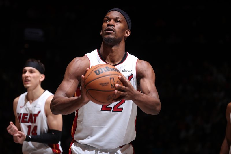 BROOKLYN, NY - JANUARY 15: Jimmy Butler #22 of the Miami Heat prepares to shoot a free throw during the game against the Brooklyn Nets on January 15, 2024 at Barclays Center in Brooklyn, New York. NOTE TO USER: User expressly acknowledges and agrees that, by downloading and or using this Photograph, user is consenting to the terms and conditions of the Getty Images License Agreement. Mandatory Copyright Notice: Copyright 2024 NBAE (Photo by Nathaniel S. Butler/NBAE via Getty Images)