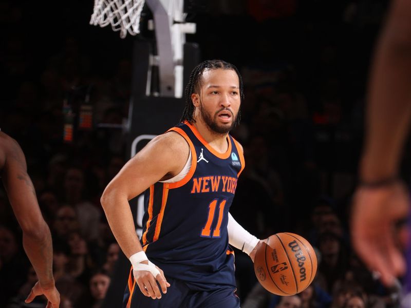 NEW YORK, NY - APRIL 4: Jalen Brunson #11 of the New York Knicks dribbles the ball during the game against the Sacramento Kings on April 4, 2024 at Madison Square Garden in New York City, New York.  NOTE TO USER: User expressly acknowledges and agrees that, by downloading and or using this photograph, User is consenting to the terms and conditions of the Getty Images License Agreement. Mandatory Copyright Notice: Copyright 2024 NBAE  (Photo by Nathaniel S. Butler/NBAE via Getty Images)