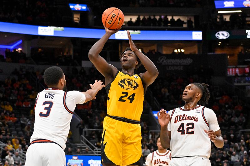 Dec 22, 2022; St. Louis, Missouri, USA;  Missouri Tigers guard Kobe Brown (24) shoots against Illinois Fighting Illini guard Jayden Epps (3) and forward Dain Dainja (42) during the first half at Enterprise Center. Mandatory Credit: Jeff Curry-USA TODAY Sports