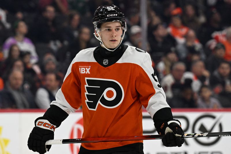 Dec 22, 2025; Philadelphia, Pennsylvania, USA; Philadelphia Flyers center Denver Barkey against the Vancouver Canucks during the second period at Xfinity Mobile Arena. Mandatory Credit: Eric Hartline-Imagn Images