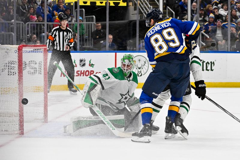 Dec 27, 2023; St. Louis, Missouri, USA;  Dallas Stars goaltender Scott Wedgewood (41) defends the net against St. Louis Blues left wing Pavel Buchnevich (89) during the second period at Enterprise Center. Mandatory Credit: Jeff Curry-USA TODAY Sports