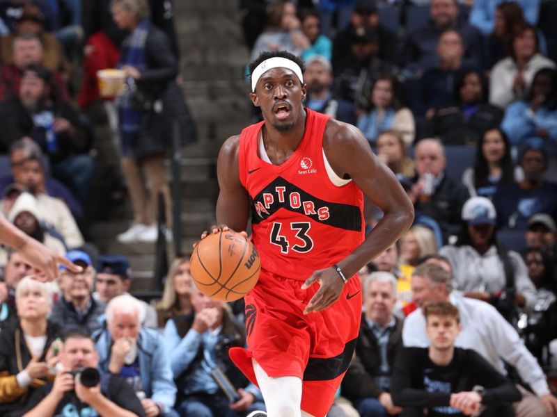 MEMPHIS, TN - JANUARY 3:  Pascal Siakam #43 of the Toronto Raptors handles the ball during the game  on January 3, 2024 at FedExForum in Memphis, Tennessee. NOTE TO USER: User expressly acknowledges and agrees that, by downloading and or using this photograph, User is consenting to the terms and conditions of the Getty Images License Agreement. Mandatory Copyright Notice: Copyright 2024 NBAE (Photo by Joe Murphy/NBAE via Getty Images)