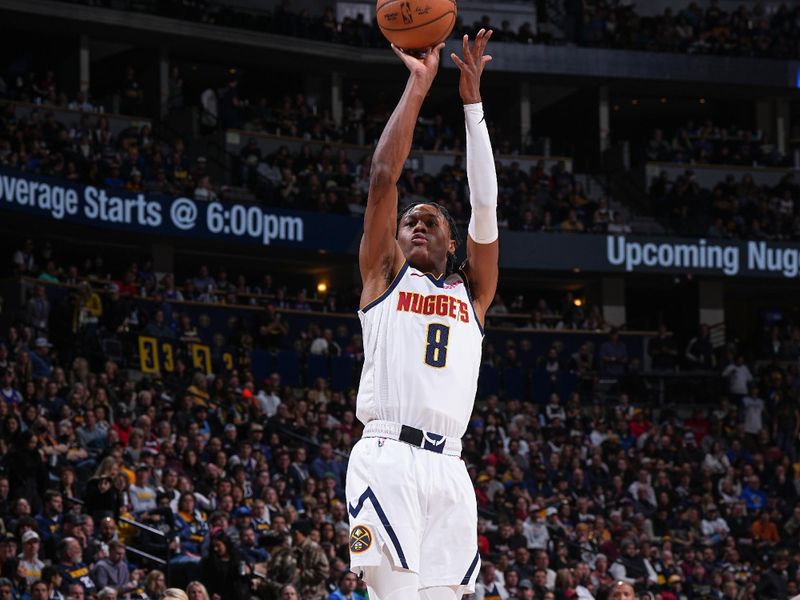 DENVER, CO - FEBRUARY 4: Peyton Watson #8 of the Denver Nuggets shoots the ball during the game  on February 4, 2024 at the Ball Arena in Denver, Colorado. NOTE TO USER: User expressly acknowledges and agrees that, by downloading and/or using this Photograph, user is consenting to the terms and conditions of the Getty Images License Agreement. Mandatory Copyright Notice: Copyright 2024 NBAE (Photo by Garrett Ellwood/NBAE via Getty Images)