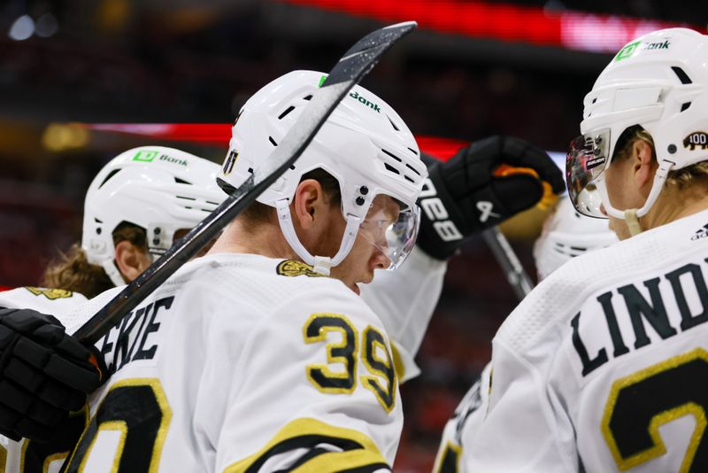 May 14, 2024; Sunrise, Florida, USA; Boston Bruins center Morgan Geekie (39) celebrates with teammates after scoring against the Florida Panthers during the first period in game five of the second round of the 2024 Stanley Cup Playoffs at Amerant Bank Arena. Mandatory Credit: Sam Navarro-USA TODAY Sports