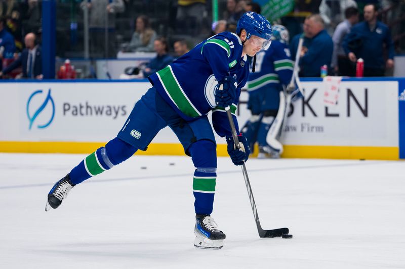 Nov 15, 2023; Vancouver, British Columbia, CAN; Vancouver Canucks forward Elias Pettersson (40) shoots during warm up prior to a game against the New York Islanders at Rogers Arena. Mandatory Credit: Bob Frid-USA TODAY Sports