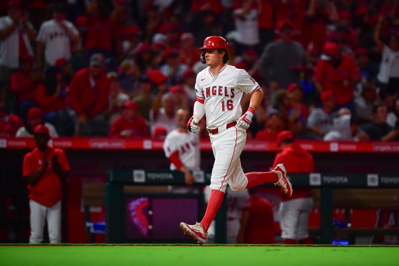 Sep 13, 2024; Anaheim, California, USA; Los Angeles Angels center fielder Mickey Moniak (16) runs the bases after hitting a solo home run against the Houston Astros during the fourth inning at Angel Stadium. Mandatory Credit: Gary A. Vasquez-Imagn Images