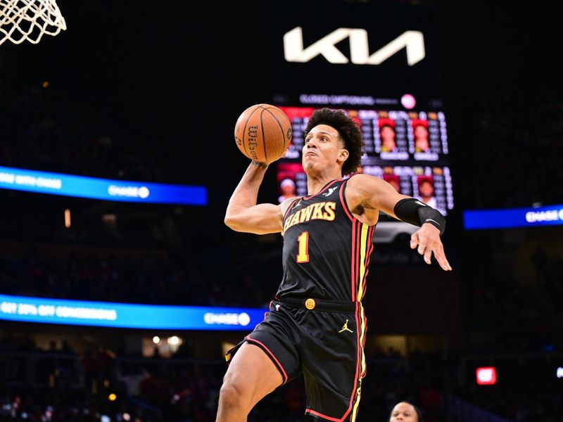 ATLANTA, GA - NOVEMBER 29: Jalen Johnson #1 of the Atlanta Hawks dunks the ball during the game against the Cleveland Cavaliers during the Emirates NBA Cup game on November 29, 2024 at State Farm Arena in Atlanta, Georgia.  NOTE TO USER: User expressly acknowledges and agrees that, by downloading and/or using this Photograph, user is consenting to the terms and conditions of the Getty Images License Agreement. Mandatory Copyright Notice: Copyright 2024 NBAE (Photo by Adam Hagy/NBAE via Getty Images)