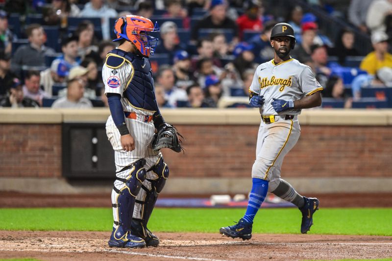 Apr 15, 2024; New York City, New York, USA; Pittsburgh Pirates designated hitter Andrew McCutchen scores on a RBI single by Pittsburgh Pirates outfielder Connor Joe (not pictured) during the sixth inning at Citi Field. Mandatory Credit: John Jones-USA TODAY Sports