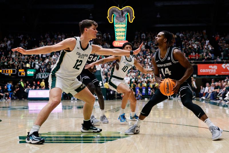 Feb 17, 2024; Fort Collins, Colorado, USA; Utah State Aggies guard Josh Uduje (14) controls the ball against Colorado State Rams forward Patrick Cartier (12) in the first half at Moby Arena. Mandatory Credit: Isaiah J. Downing-USA TODAY Sports