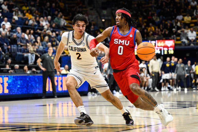 Feb 26, 2025; Berkeley, California, USA; SMU Mustangs guard B.J. Edwards (0) dribbles against California Golden Bears guard Andrej Stojakovic (2) in the second half at Haas Pavilion. Mandatory Credit: Eakin Howard-Imagn Images